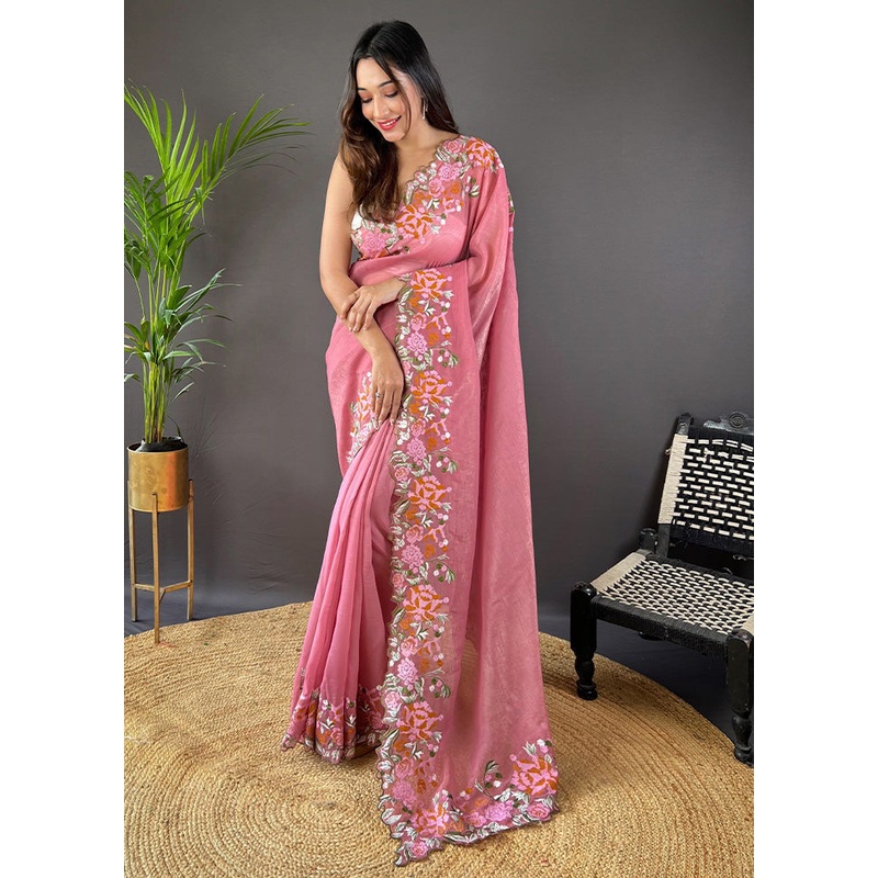 Pink Spun Silk Saree With Blouse Piece - JD986600840
