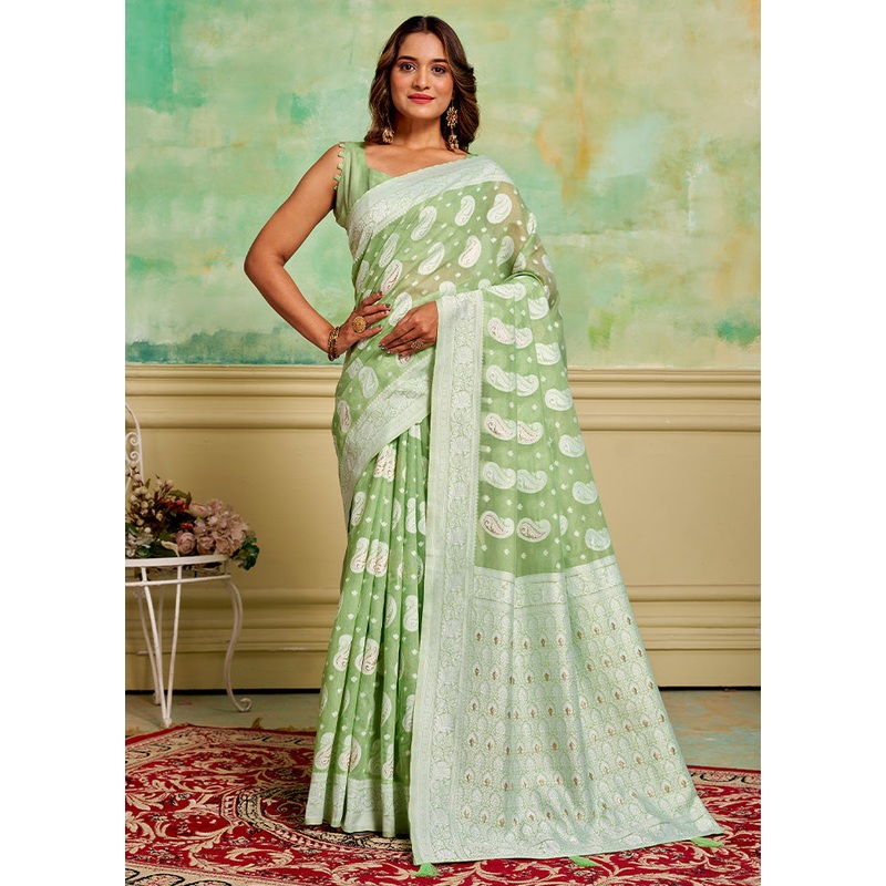 Pista Green Cotton Saree With Blouse Piece - JD986600835