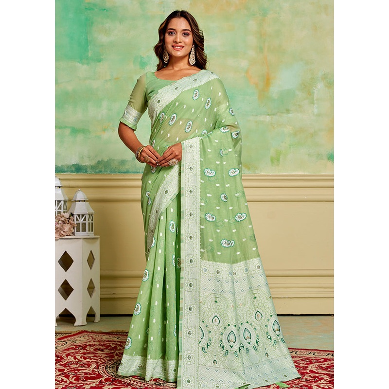 Pista Green Cotton Saree With Blouse Piece - JD986600836