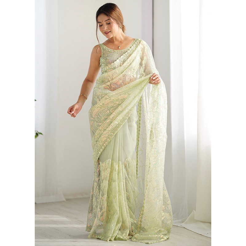 Pista Green Net Net Saree With Blouse Piece - JD986600834
