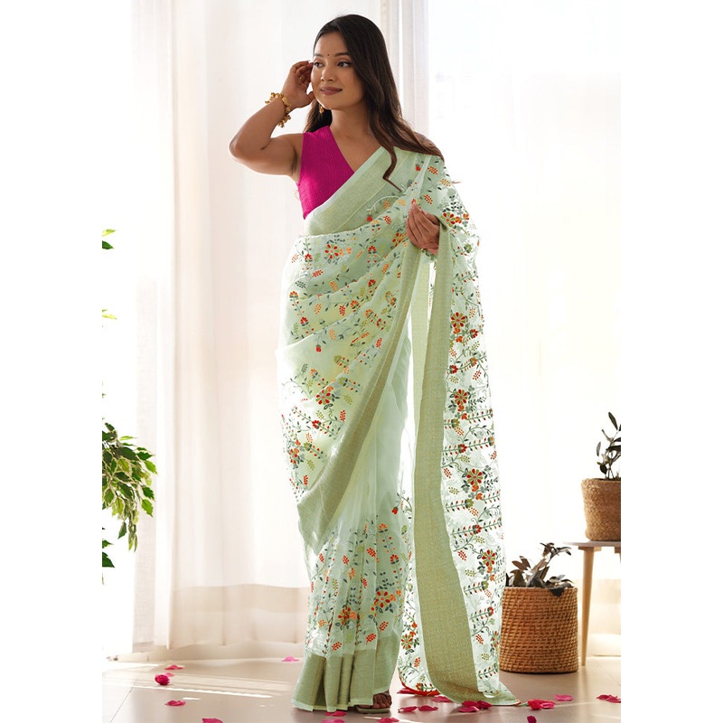 Pista Green Organza Saree With Blouse Piece - JD986600833