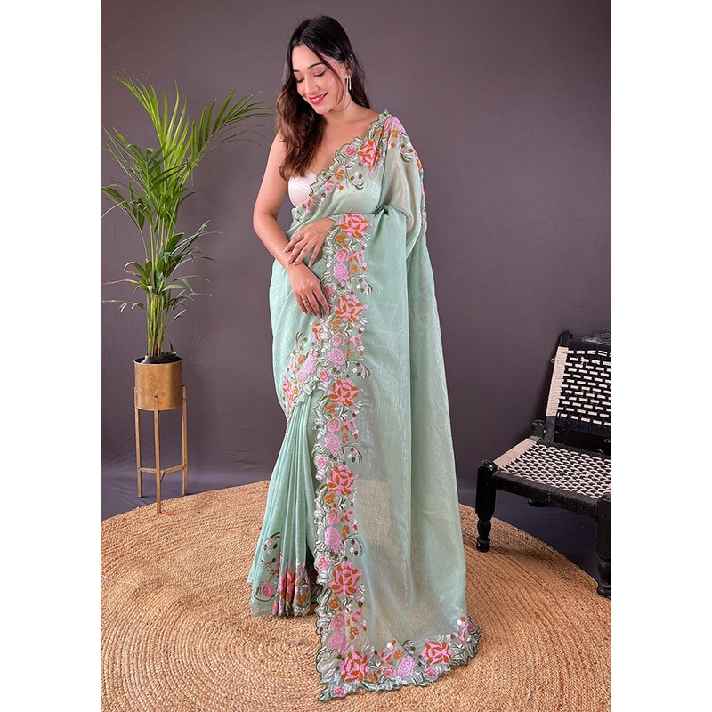 Pista Green Spun Silk Saree With Blouse Piece - JD986600831