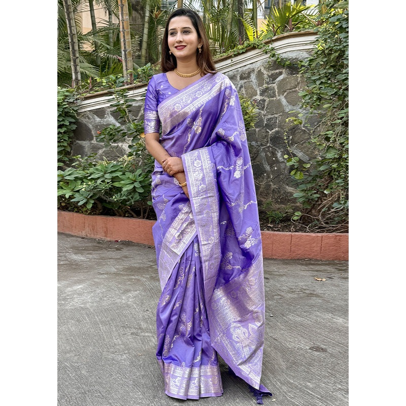 Purple Banarasi Silk Saree With Blouse Piece - JD986600830