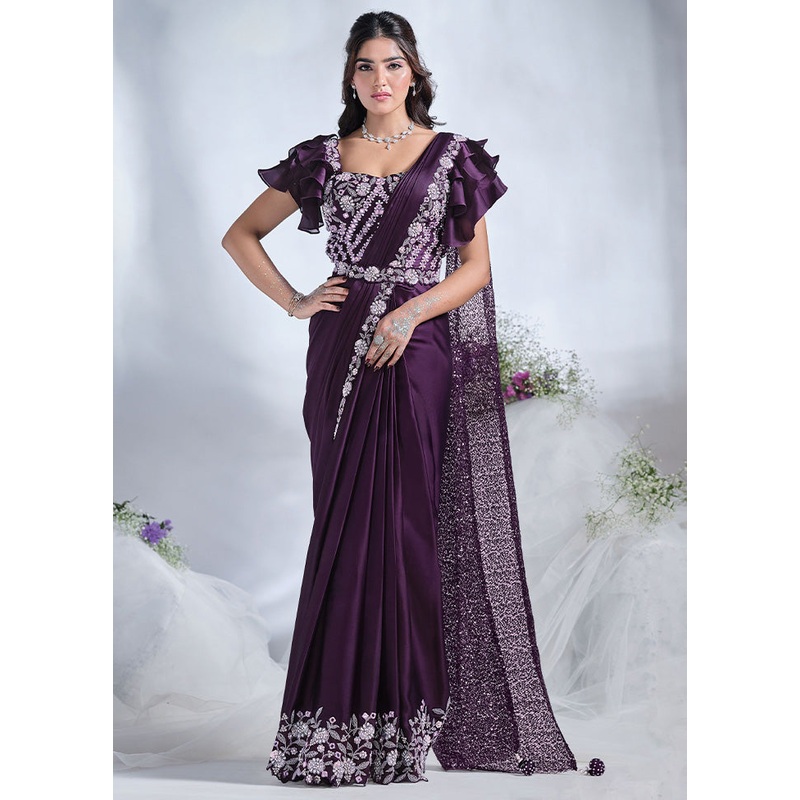 Purple Crepe Silk Saree With Blouse Piece - JD986600827