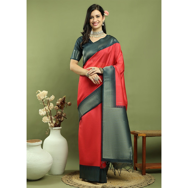 Red Dupion Silk Saree With Blouse Piece - JD986600996