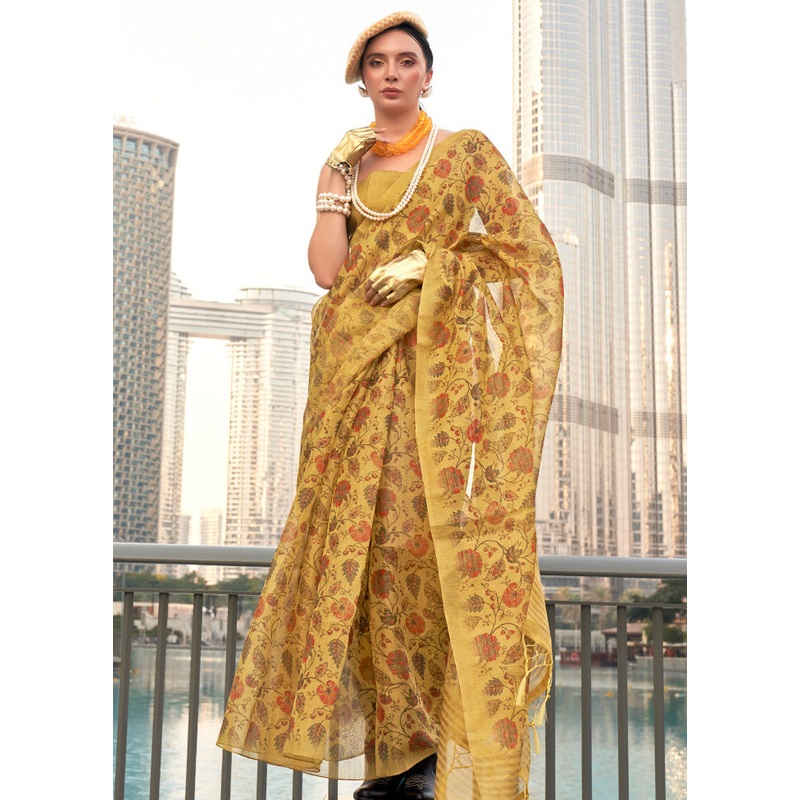 Yellow Spun Silk Saree With Blouse Piece - JD986601024