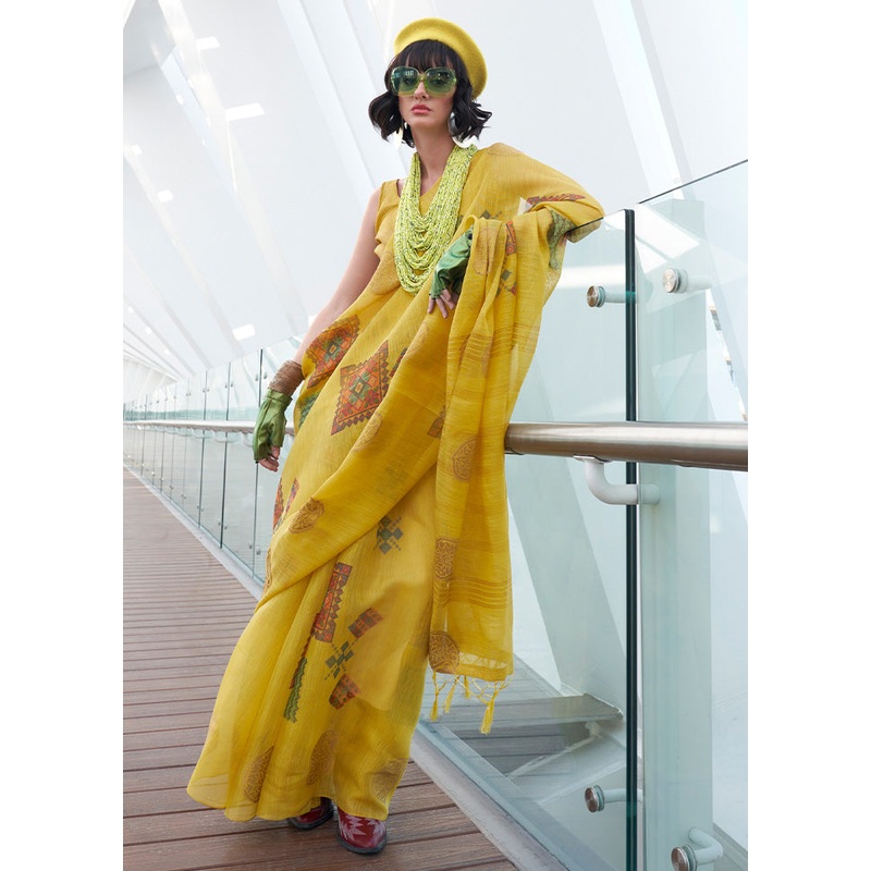 Yellow Spun Silk Saree With Blouse Piece - JD986601025