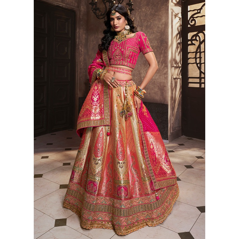 3 Pc Golden Silk Semi Stitched Lehenga Set - JD986600650