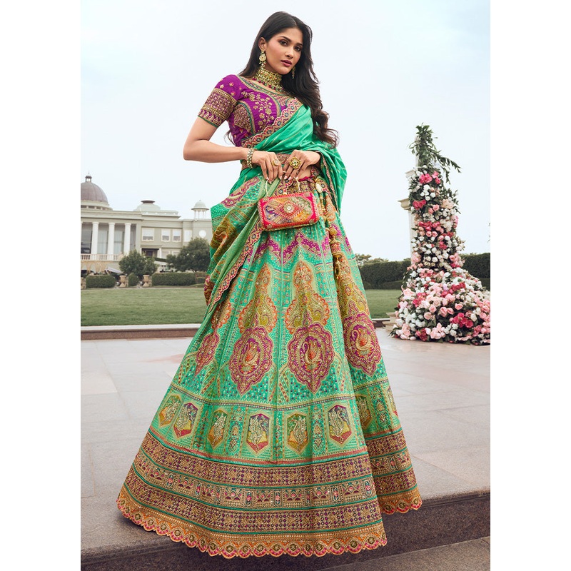 3 Pc Green Silk Semi Stitched Lehenga Set - JD986600647