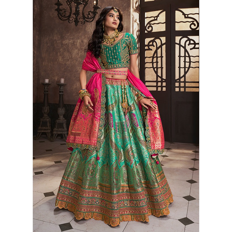 3 Pc Green Silk Semi Stitched Lehenga Set - JD986600648