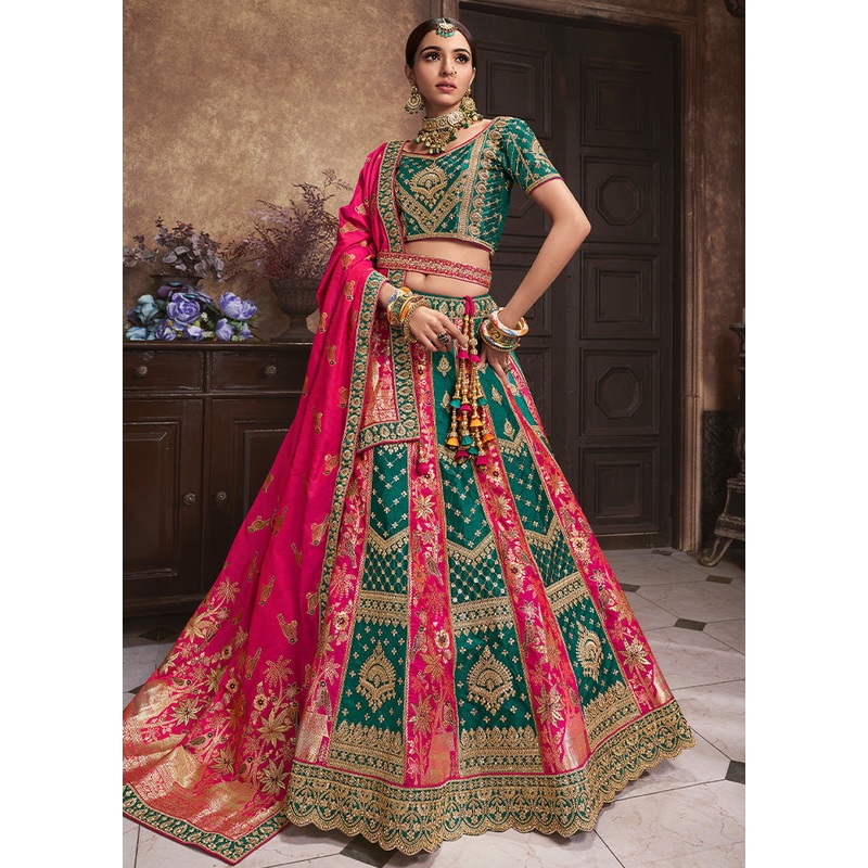 3 Pc Green Silk Semi Stitched Lehenga Set - JD986600649