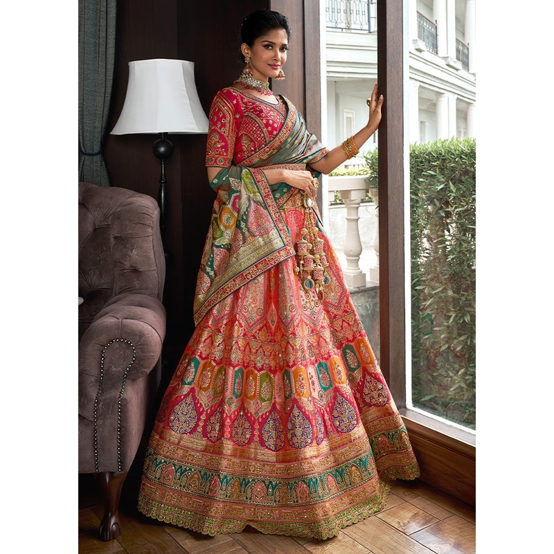 3 Pc Multicolor Silk Semi Stitched Lehenga Set - JD986600634