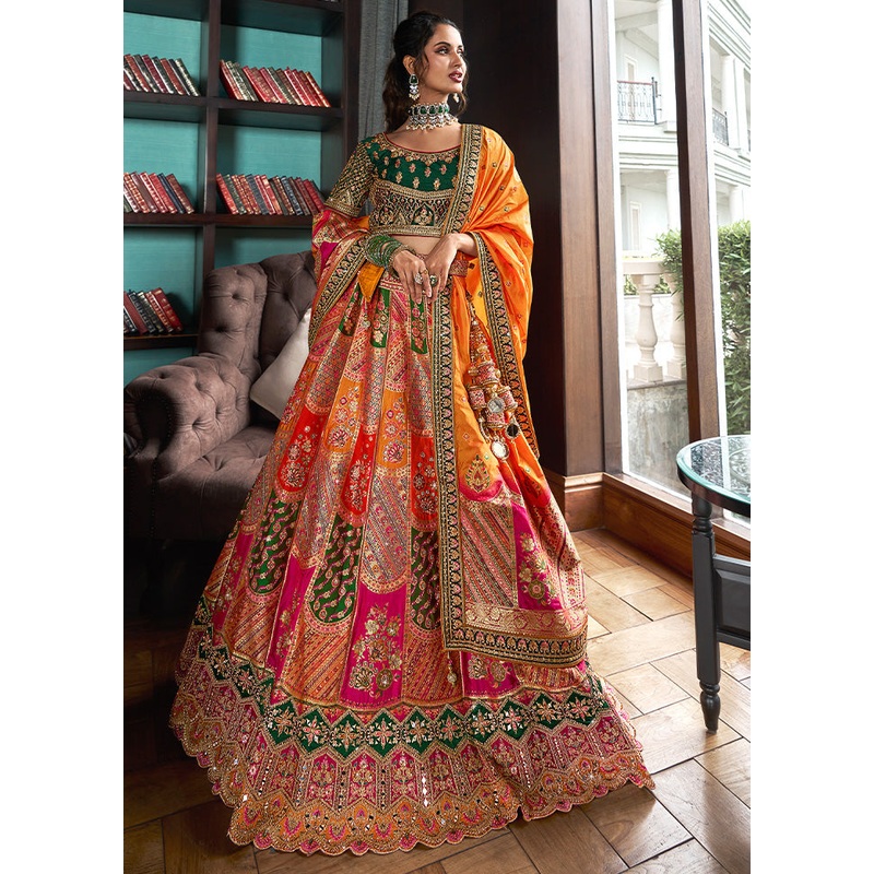 3 Pc Multicolor Silk Semi Stitched Lehenga Set - JD986600636