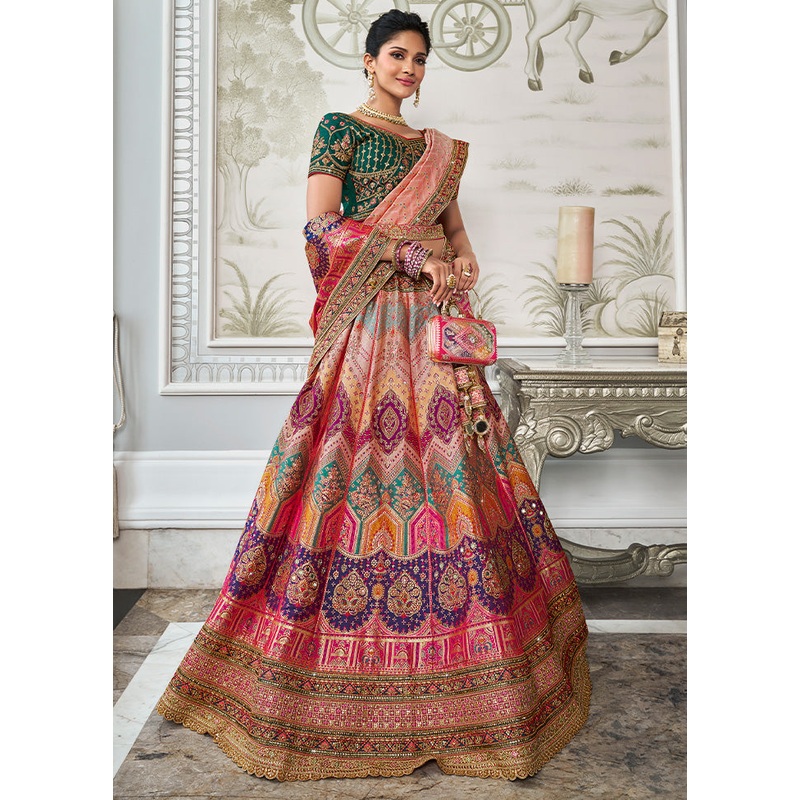 3 Pc Multicolor Silk Semi Stitched Lehenga Set - JD986600640