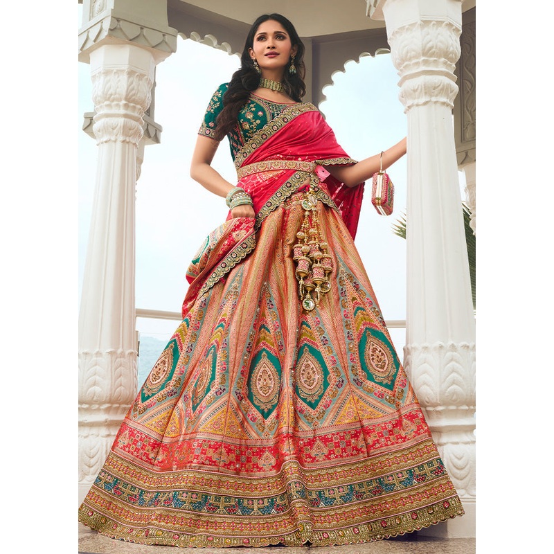 3 Pc Multicolor Silk Semi Stitched Lehenga Set - JD986600641