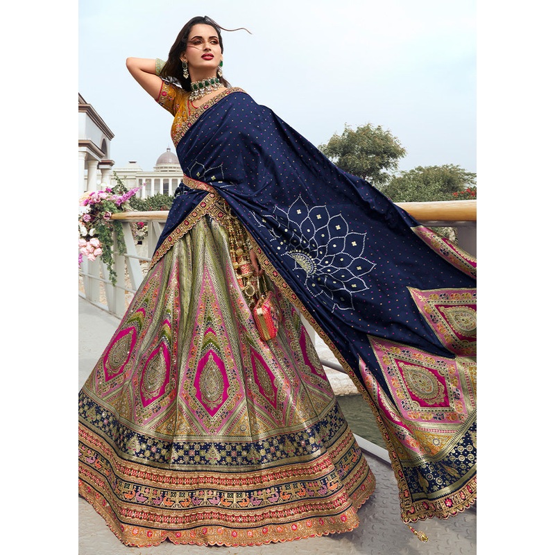 3 Pc Multicolor Silk Semi Stitched Lehenga Set - JD986600642