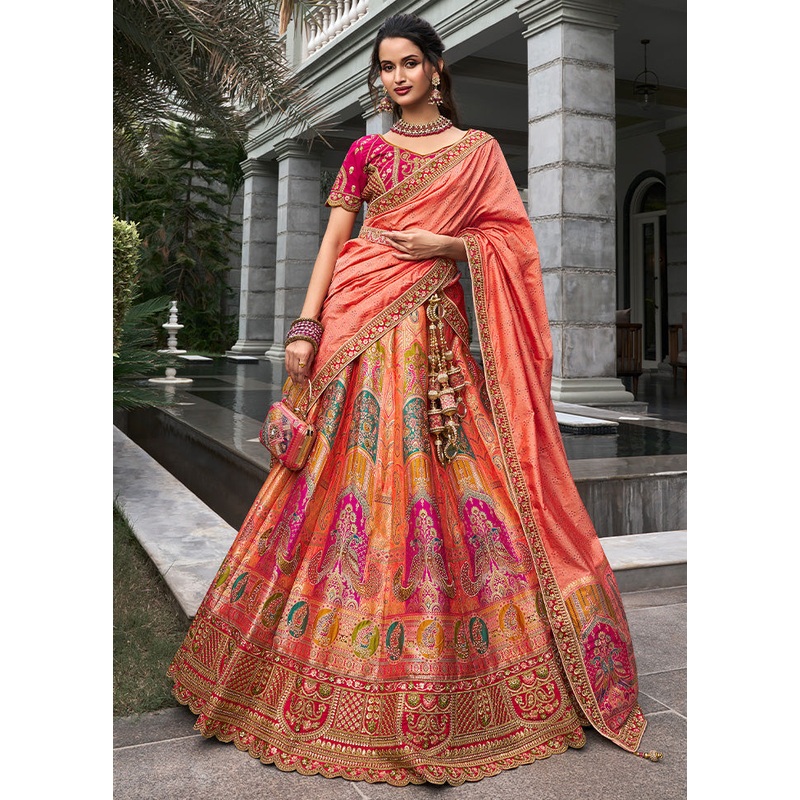 3 Pc Orange Silk Semi Stitched Lehenga Set - JD986600633