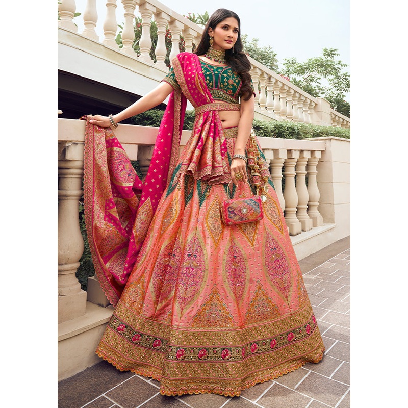 3 Pc Peach Silk Semi Stitched Lehenga Set - JD986600628