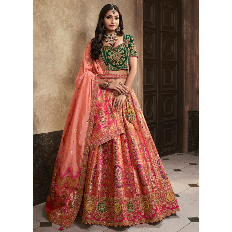 3 Pc Peach Silk Semi Stitched Lehenga Set - JD986600629