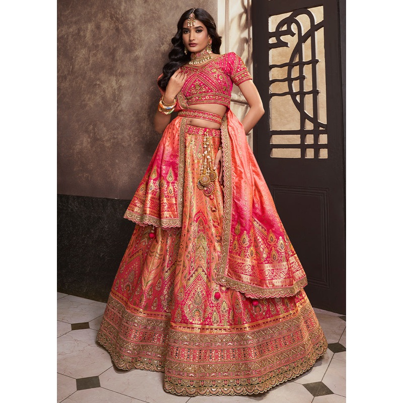 3 Pc Peach Silk Semi Stitched Lehenga Set - JD986600630