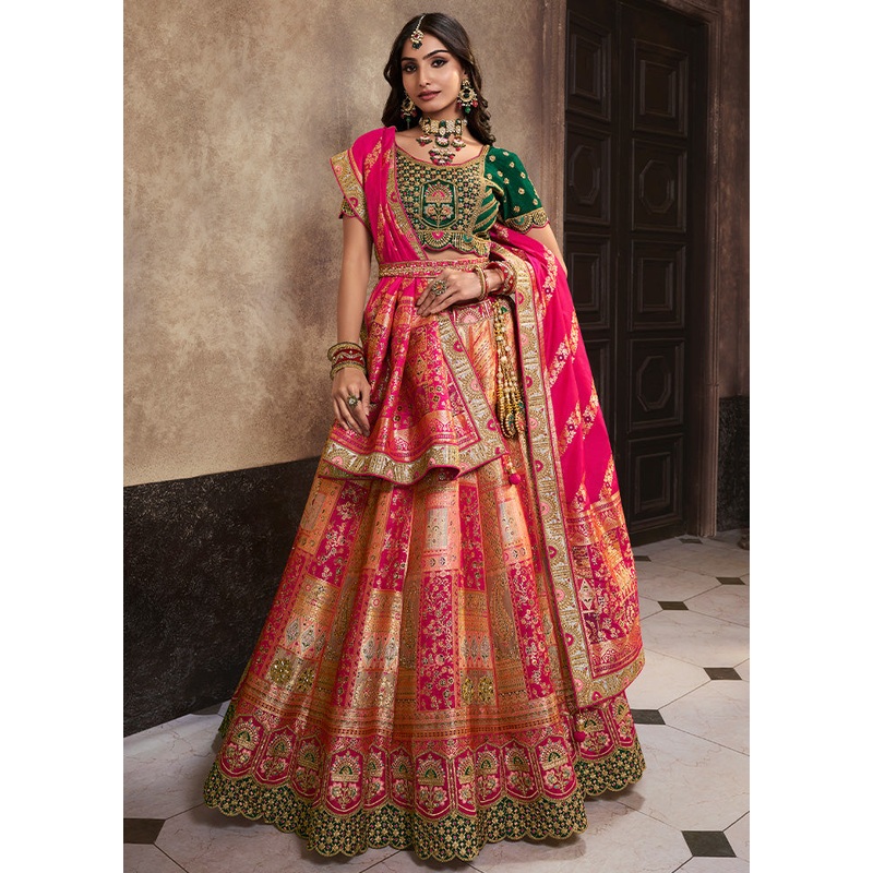 3 Pc Peach Silk Semi Stitched Lehenga Set - JD986600631