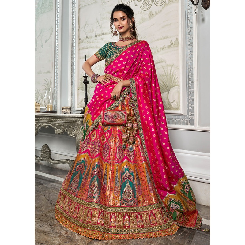3 Pc Pink Silk Semi Stitched Lehenga Set - JD986600627