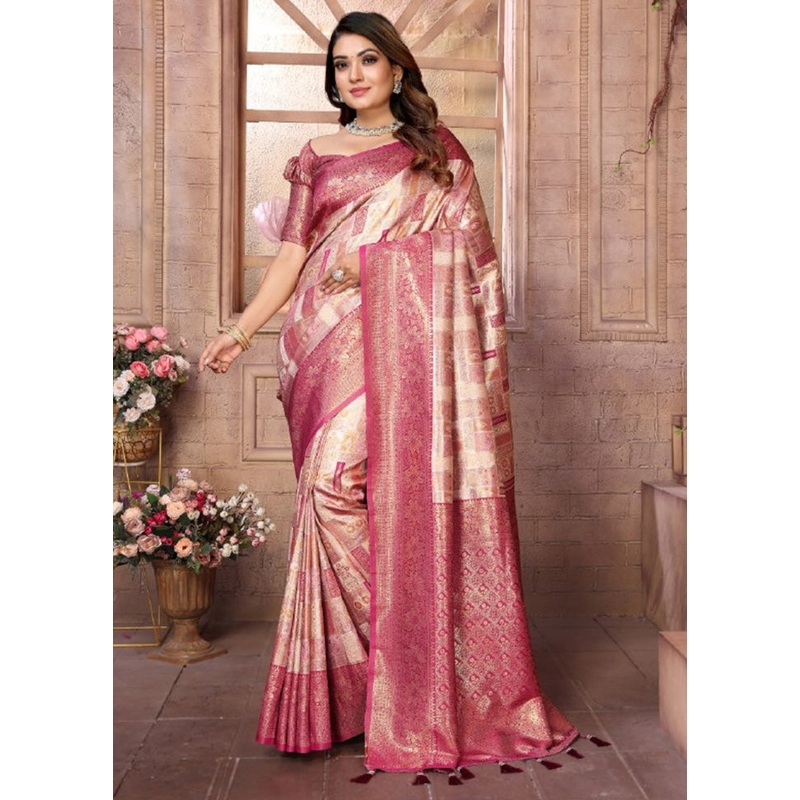 Cream Banarasi Silk Saree With Blouse Piece - JD986600698