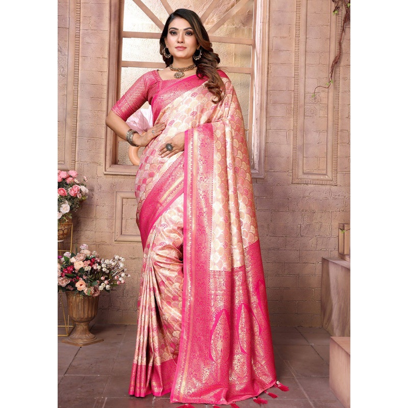 Cream Banarasi Silk Saree With Blouse Piece - JD986600711