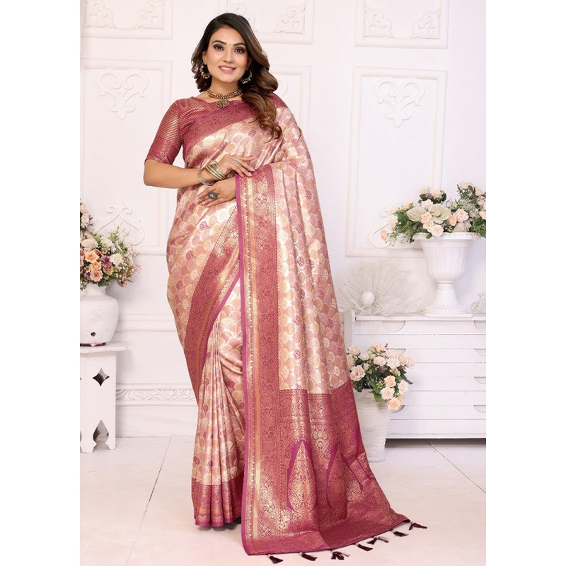 Cream Banarasi Silk Saree With Blouse Piece - JD986600712