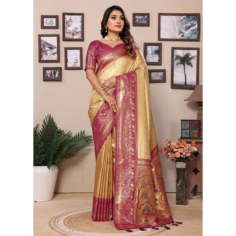 Cream Banarasi Silk Saree With Blouse Piece - JD986600748