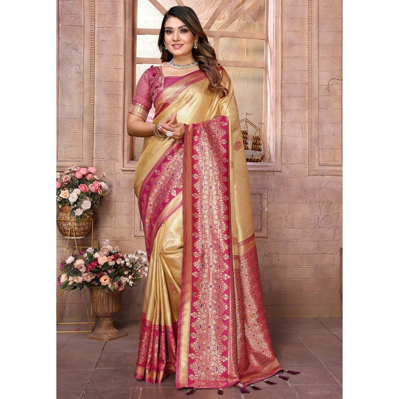 Cream Banarasi Silk Saree With Blouse Piece - JD986600749