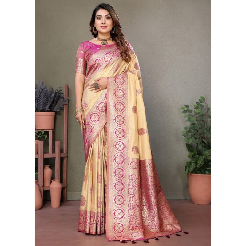 Cream Spun Silk Saree With Blouse Piece - JD986600741