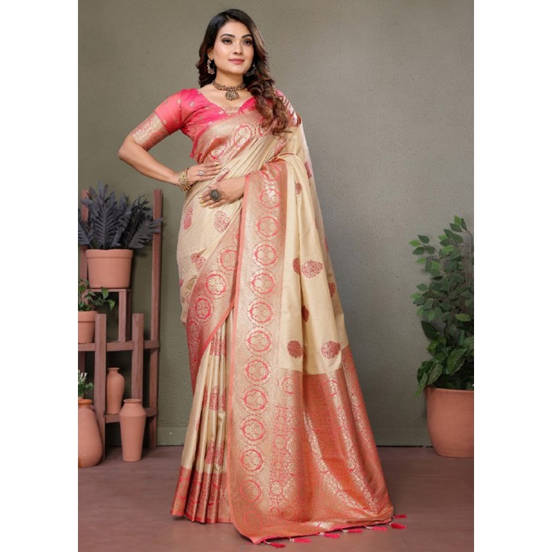 Cream Spun Silk Saree With Blouse Piece - JD986600742