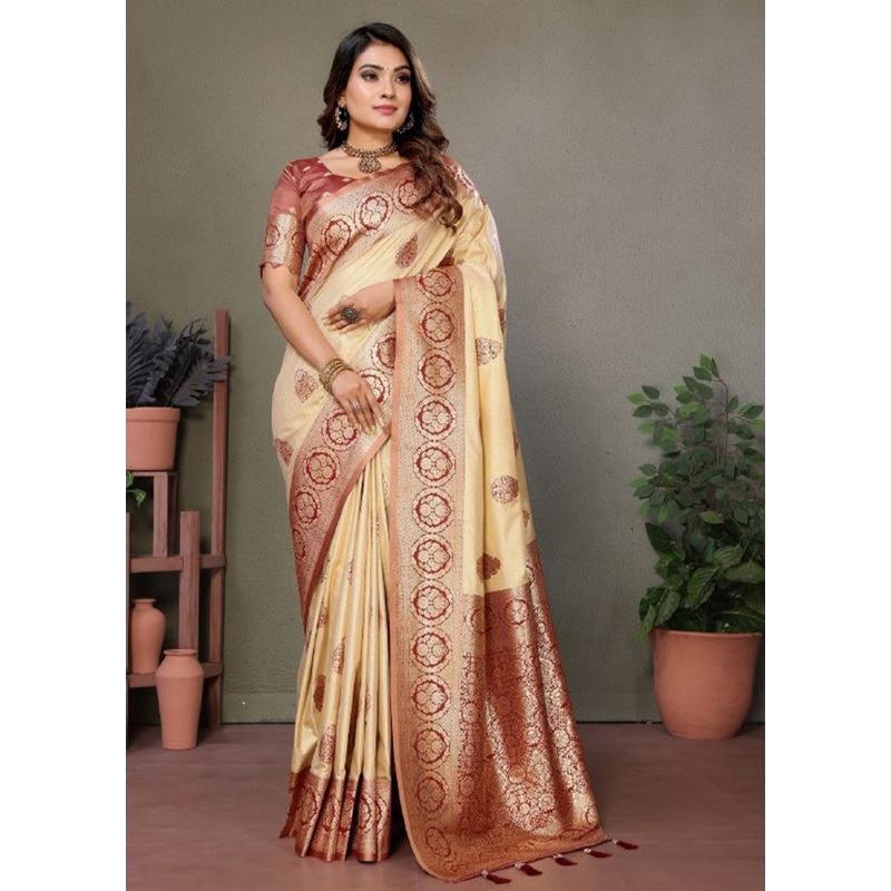 Cream Spun Silk Saree With Blouse Piece - JD986600743