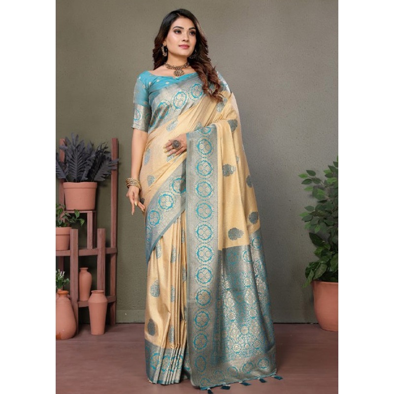 Cream Spun Silk Saree With Blouse Piece - JD986600745