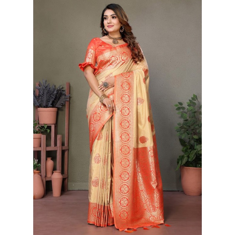 Cream Spun Silk Saree With Blouse Piece - JD986600746
