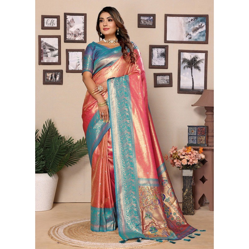 Dark Peach Banarasi Silk Saree With Blouse Piece - JD986600737