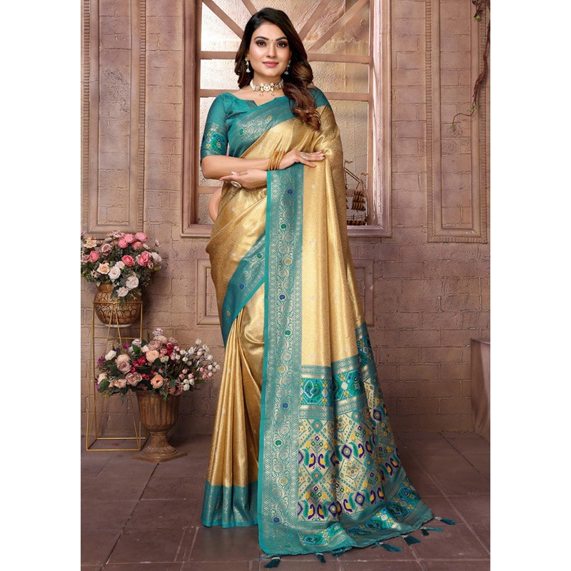 Golden Banarasi Silk Saree With Blouse Piece - JD986600726
