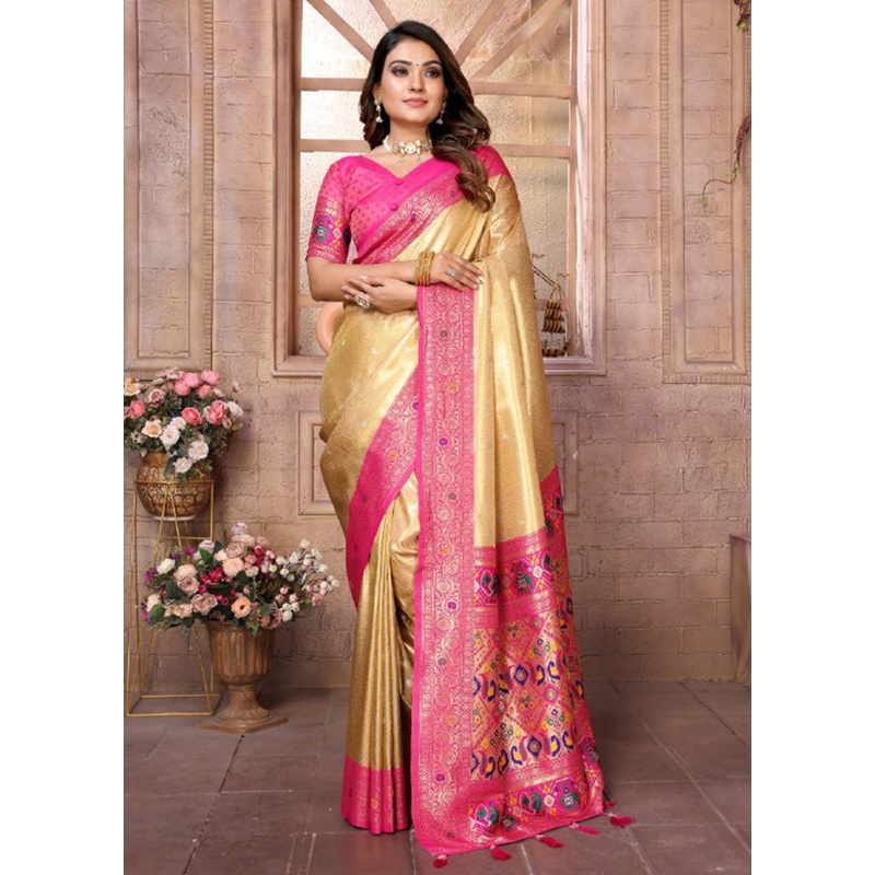 Golden Banarasi Silk Saree With Blouse Piece - JD986600727