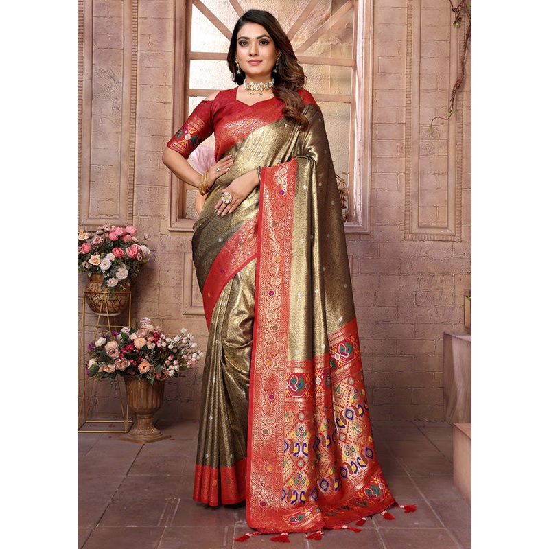 Golden Banarasi Silk Saree With Blouse Piece - JD986600728
