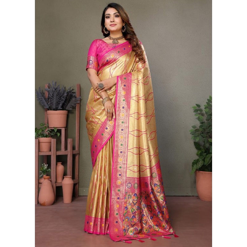 Golden Banarasi Silk Saree With Blouse Piece - JD986600730
