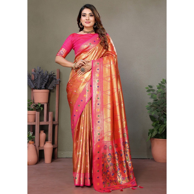 Golden Banarasi Silk Saree With Blouse Piece - JD986600731