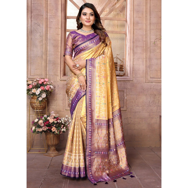 Golden Banarasi Silk Saree With Blouse Piece - JD986600732