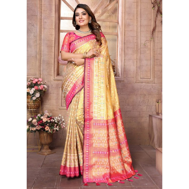 Golden Banarasi Silk Saree With Blouse Piece - JD986600733