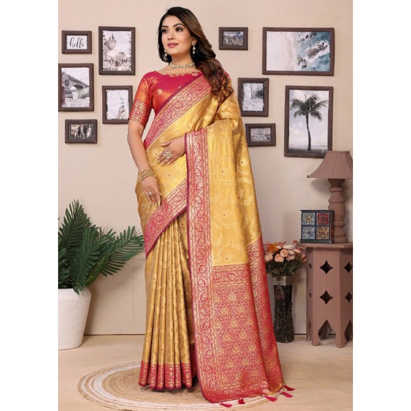 Golden Spun Silk Saree With Blouse Piece - JD986600724