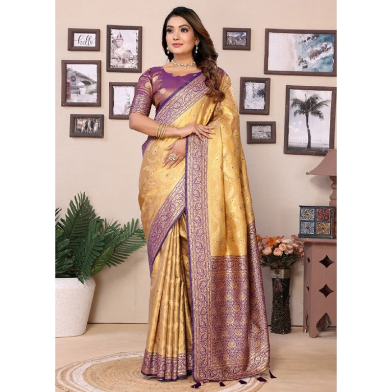 Golden Spun Silk Saree With Blouse Piece - JD986600725