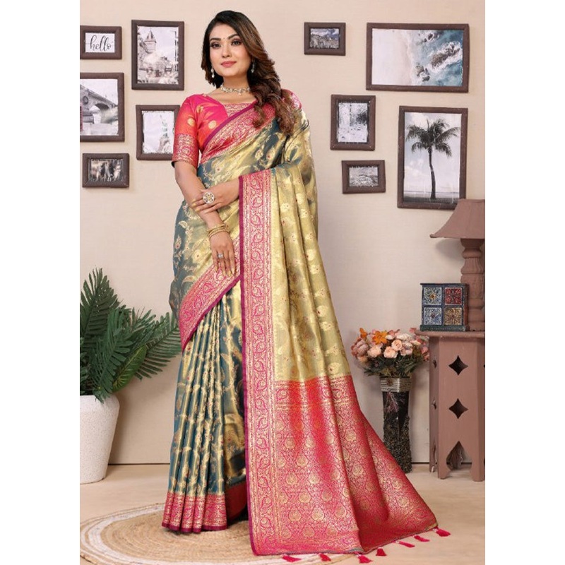 Green Spun Silk Saree With Blouse Piece - JD986600697