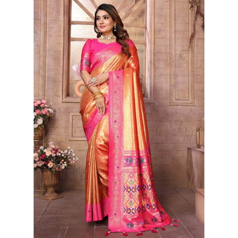 Orange Banarasi Silk Saree With Blouse Piece - JD986600687
