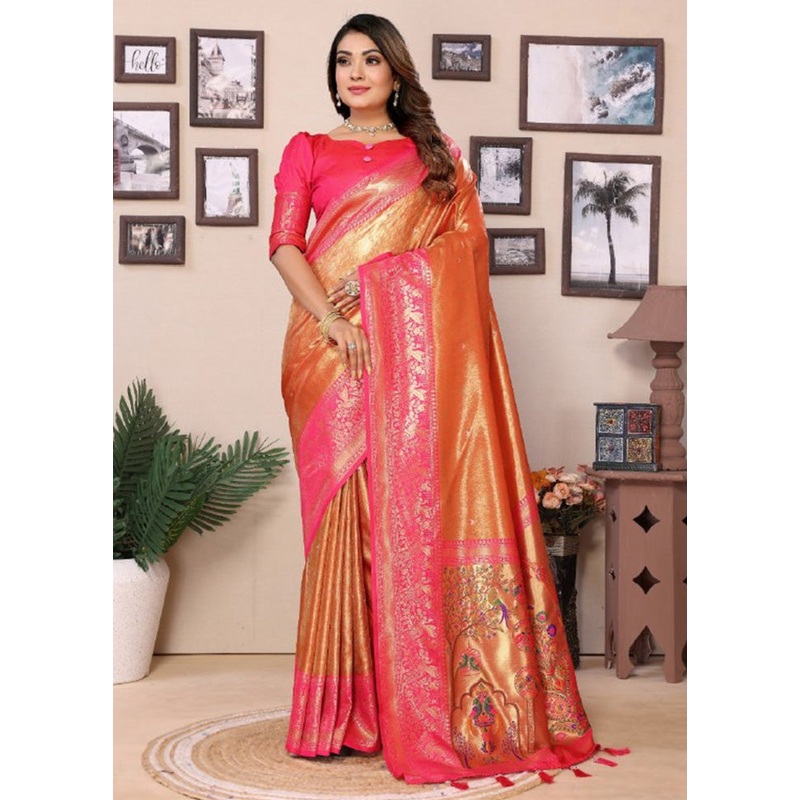 Orange Banarasi Silk Saree With Blouse Piece - JD986600688