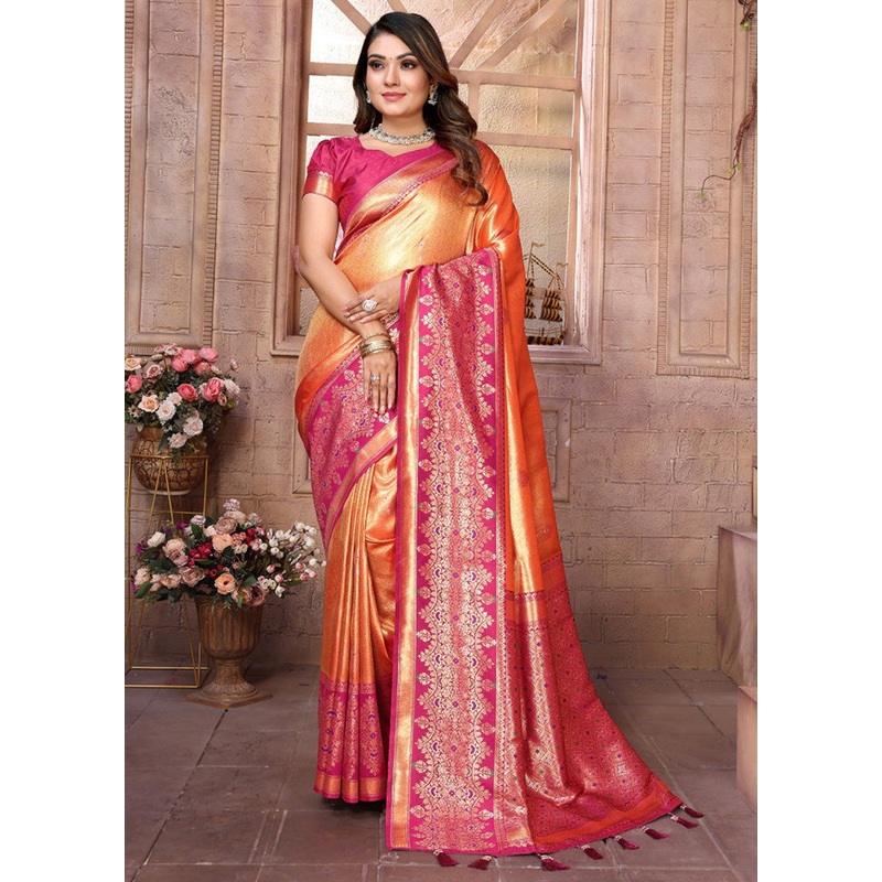 Orange Banarasi Silk Saree With Blouse Piece - JD986600690
